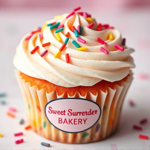 A beautifully decorated cupcake from 'Sweet Surrender Bakery' with colorful frosting and sprinkles