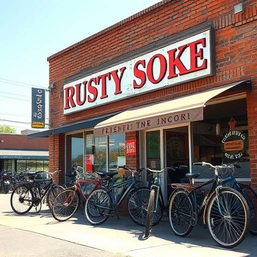 Exterior of 'The Rusty Spoke' bike shop in Edmonton, featuring bicycles displayed in the window